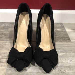 Sued Black Closed Toe Heels with Bow
